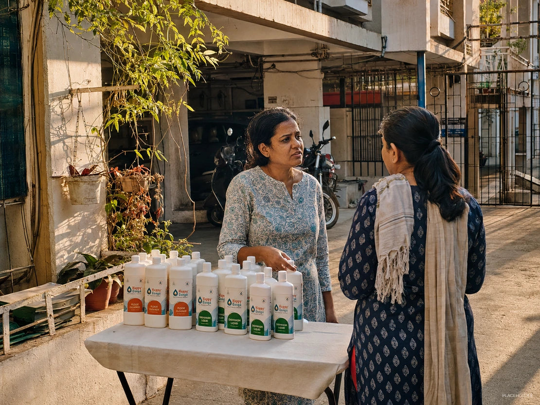 Priya talking to a visitor at a Happy Ganga stall