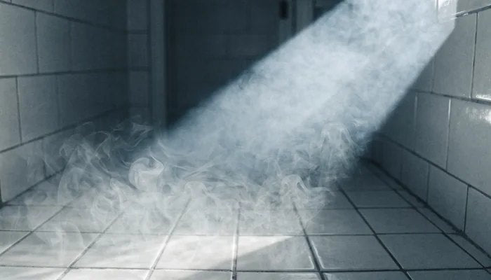 Fumes hanging in a shaft of light in a tiled bathroom