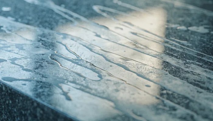 Cleaner drying in streaks across a dark stone worktop