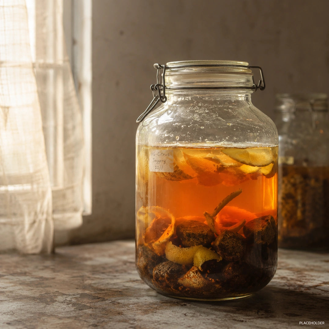 Fruit peel fermenting in amber liquid inside a sealed glass jar