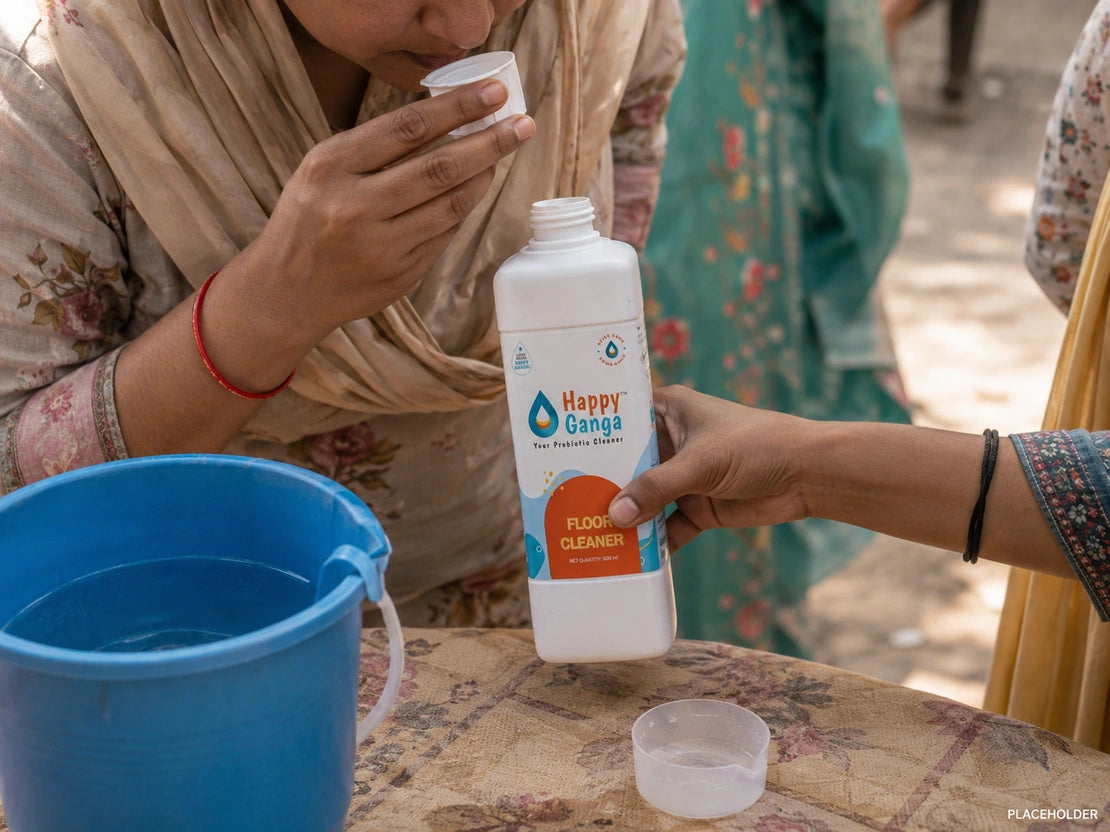 A bottle of Happy Ganga passed across a table beside a blue bucket