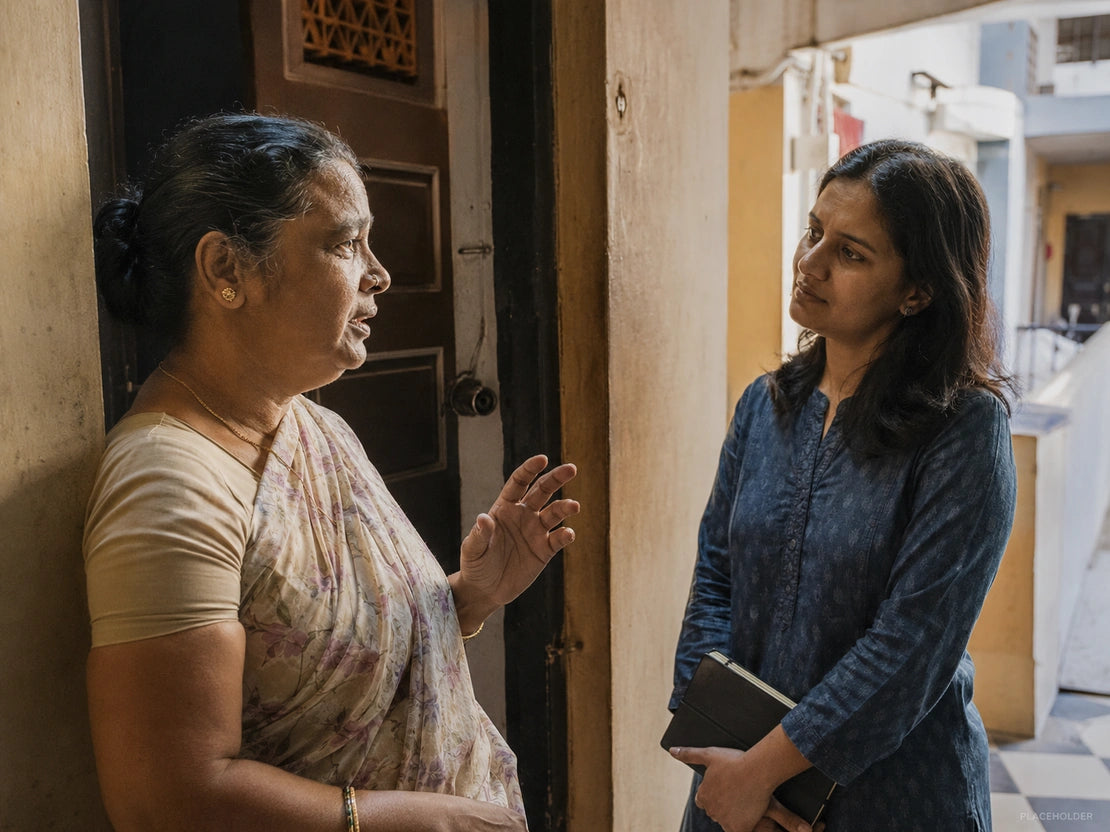 A woman at her doorway in conversation with Priya